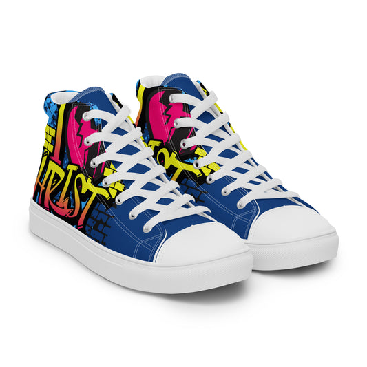 Pair of colorful canvas Women's High Top Sneakers – I Love Christ featuring bold graffiti-style faith-inspired design with blue, pink, yellow, and black accents and white laces.