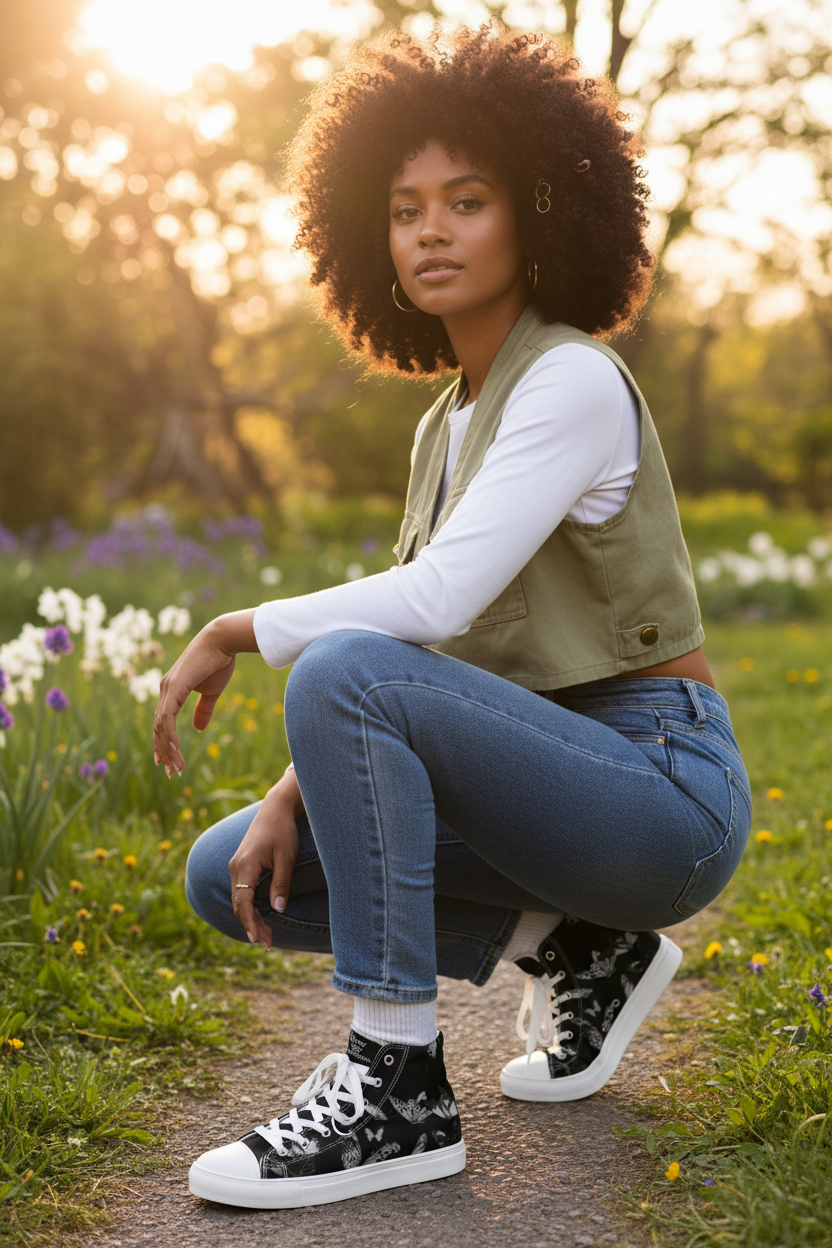 Women's High Top Sneakers – Butterfly – Side Crouching with Product