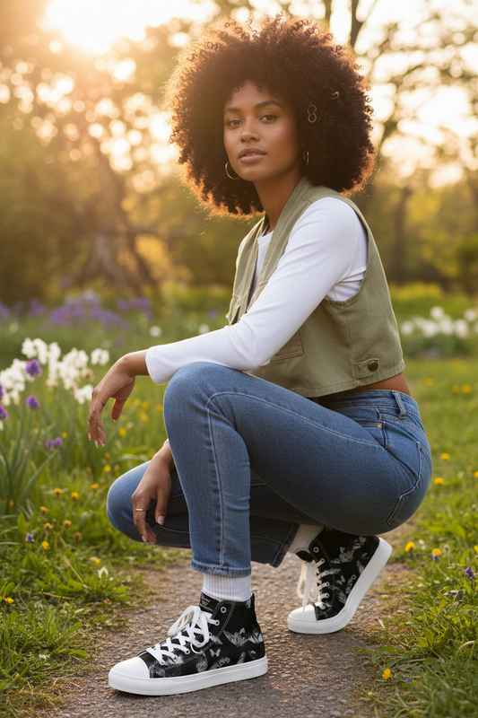Women's High Top Sneakers – Butterfly – Side Crouching with Product