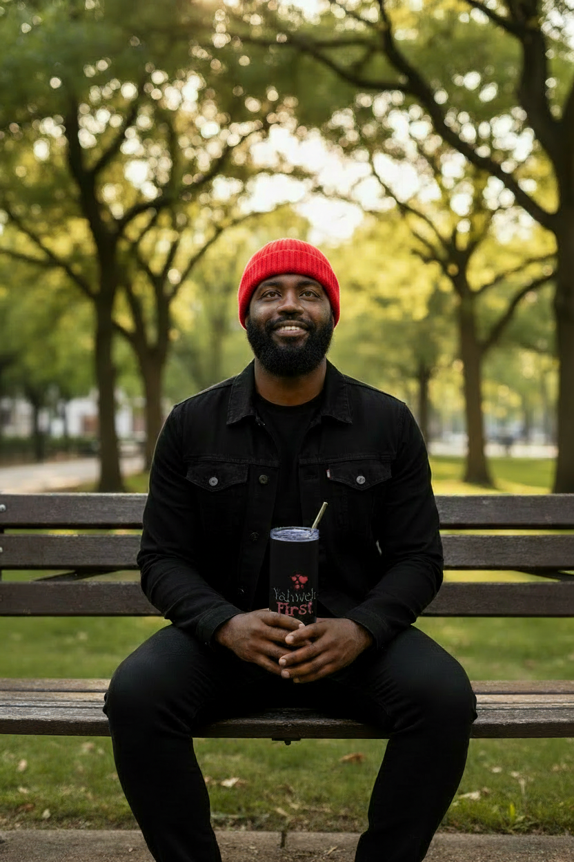 Yahweh First Tumbler – Red Knit Hat One Hand on Leg